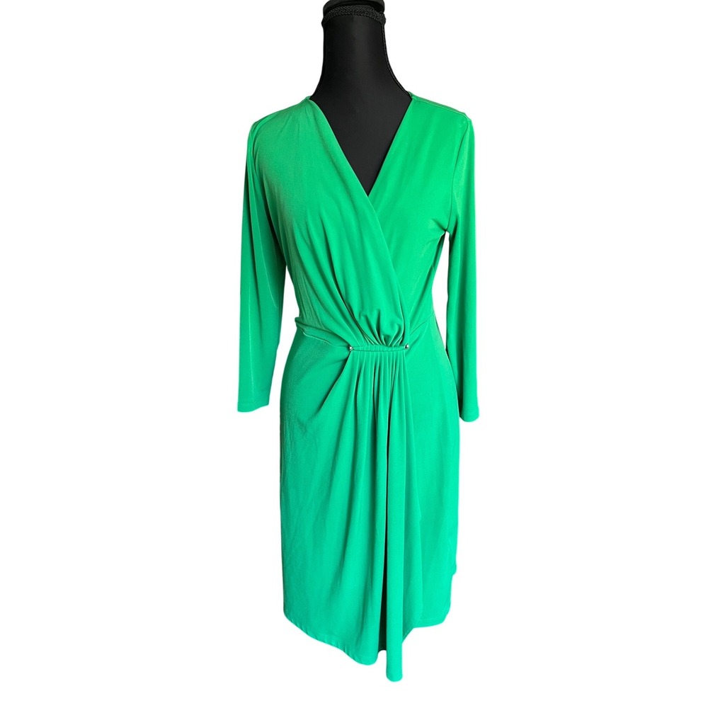 Michael Kors Green Faux Wrap Ruched Waist Midi Dress Long Sleeve XS